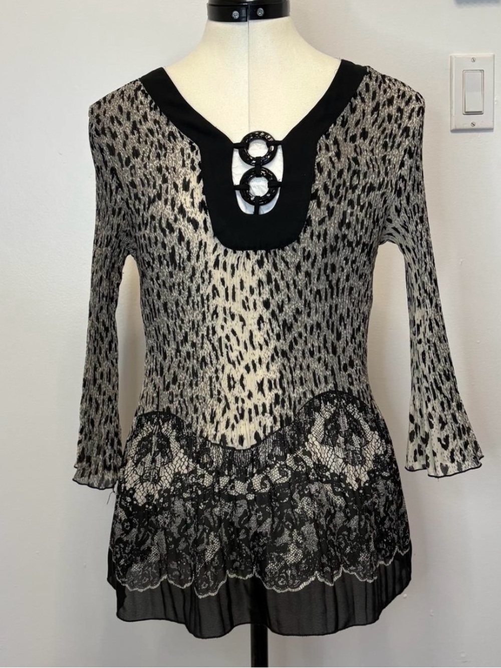 90s Nicola semi sheer tunic top with bells sleeves and unique beaded neckline